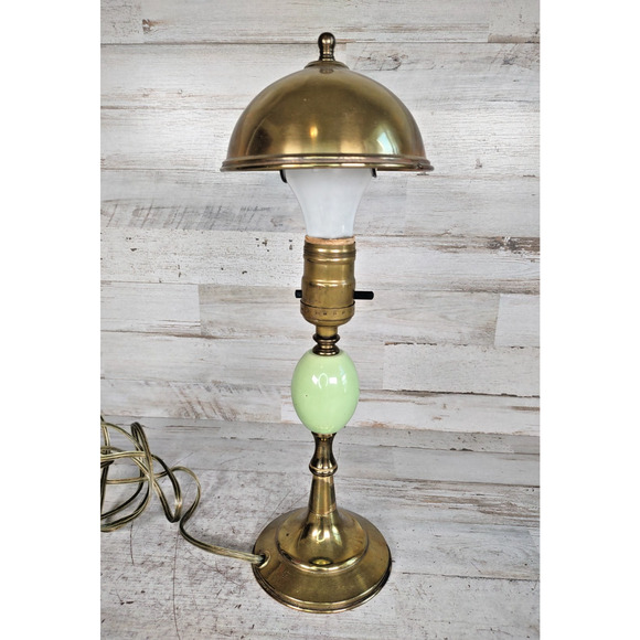 Vintage MCM Green Porcelain Brass Clip On Dome Table Lamp TESTED WORKS